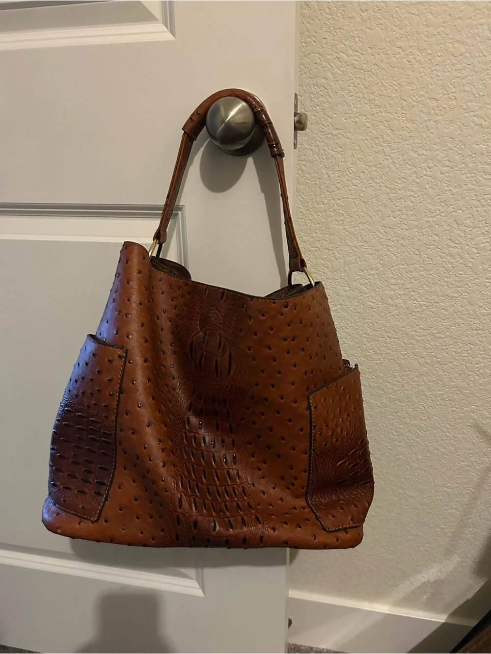 Brown Faux-Ostrich Hobo Shoulder Bag